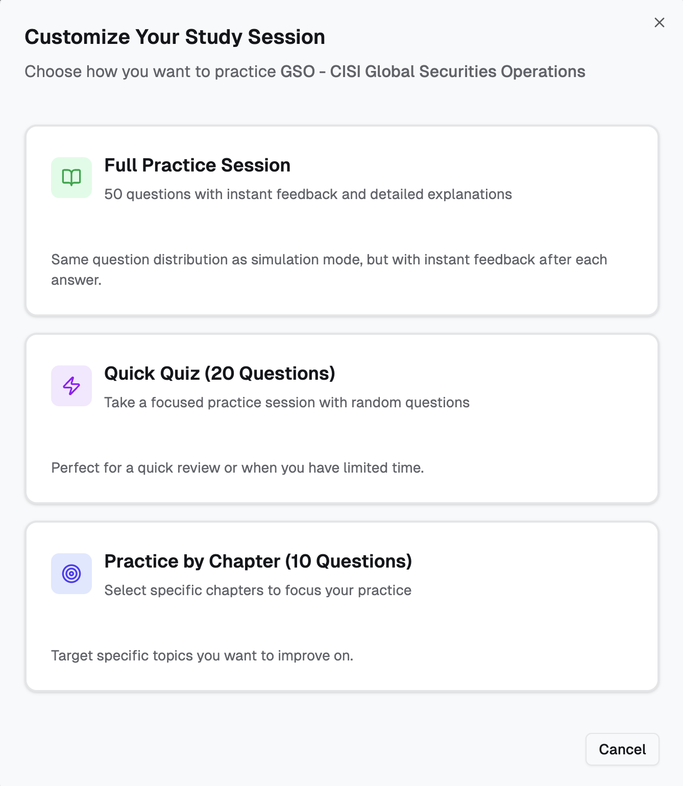 Customize your study session modes screenshot